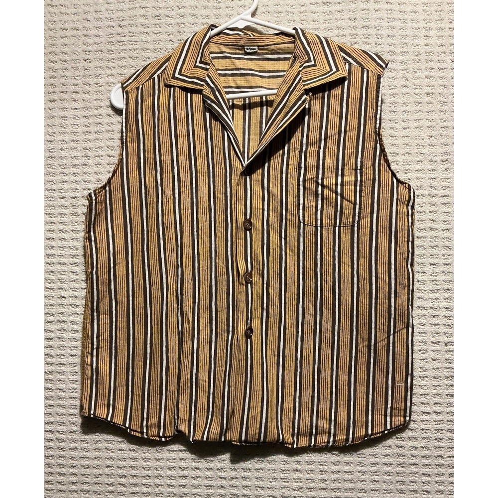 45 RPM Men/women Striped Shirt Sleeveless Gold Brown M Dekanhei Safari